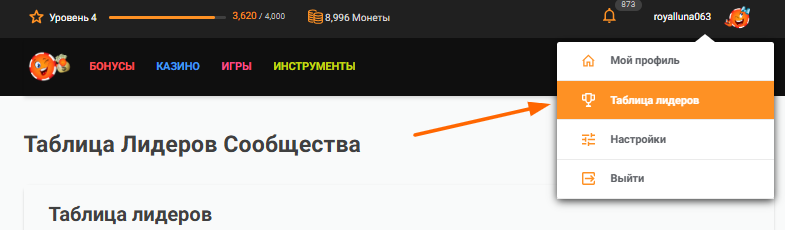 Таблица лидеров Меню пользователя